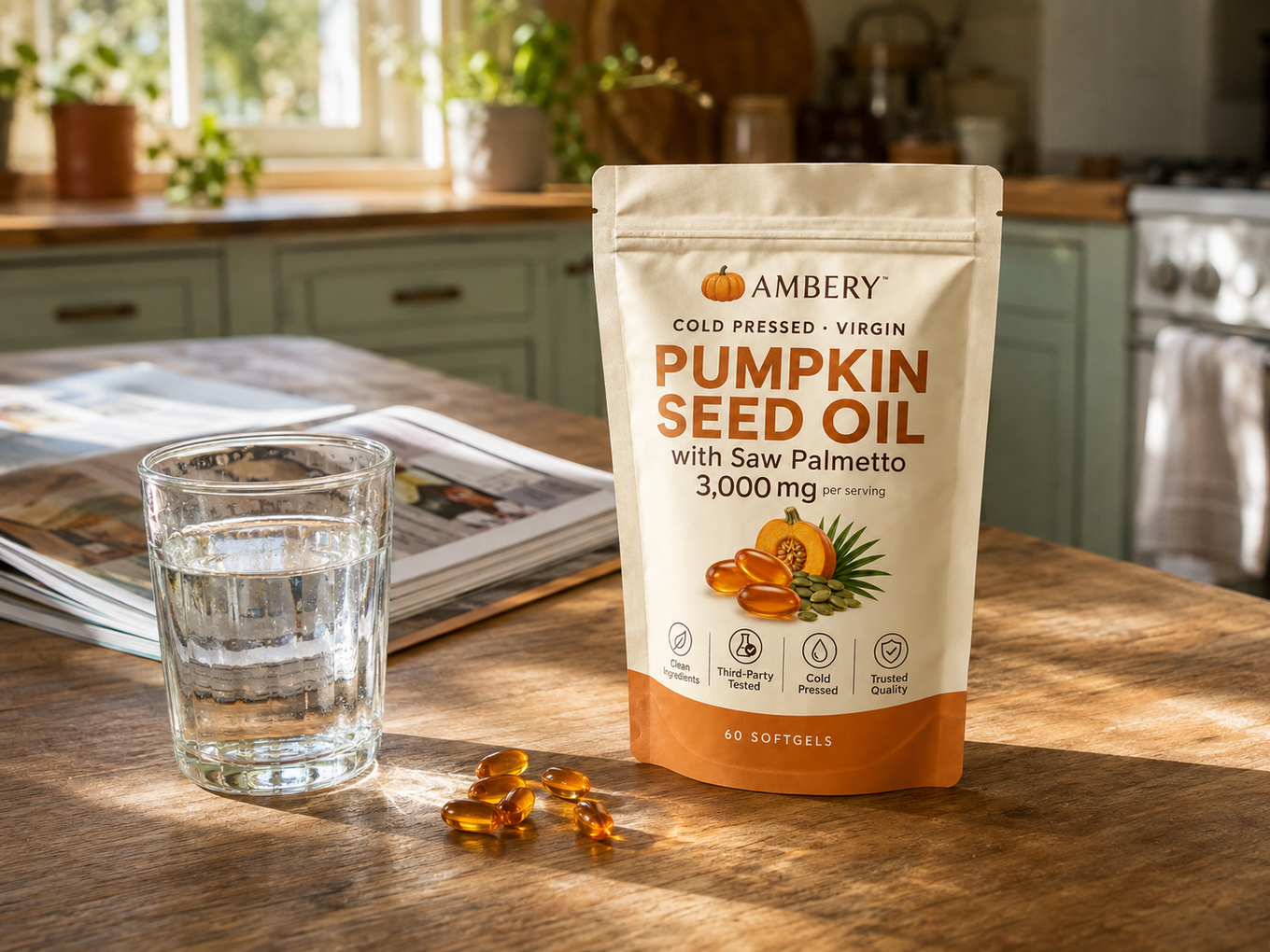 Ambery Pumpkin Seed Oil Softgels on a kitchen table